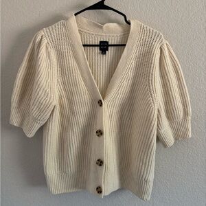 GAP Cream Ribbed Knit V Neck Short Sleeve Button Down Sweater Womens Medium